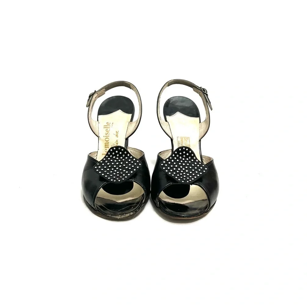 Vintage 1940s black leather peep toe rhinestone slingback heels